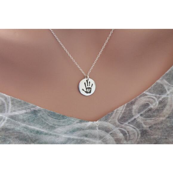 Sterling Silver Custom Handprint Round Charm Necklace, Engraved Handprint Charm - Picture 2 of 5